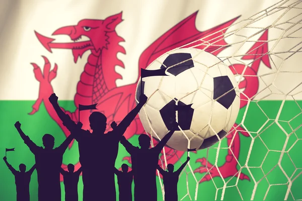 Siluetas de Abanicos de Fútbol con Bandera de Wales .Cheer Concept vin — Foto de Stock