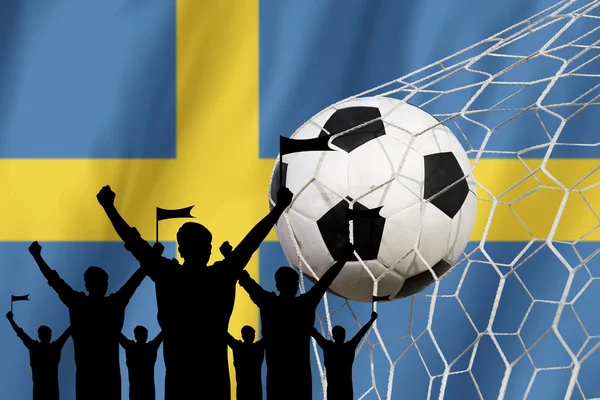 Siluetas de Abanicos de Fútbol con Bandera de Sweden .Cheer Concept —  Fotos de Stock