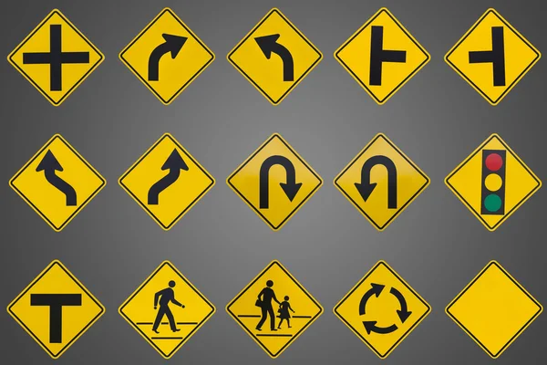 Жовті дорожні знаки, дорожні знаки встановлені на сірому фоні — стокове фото