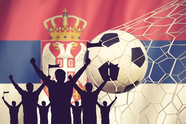 Siluetas de Abanicos de Fútbol con Bandera de Serbia .Cheer Concept —  Fotos de Stock