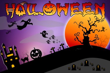 Cadılar Bayramı tasarım arka plan korkunç mezarlık, çıplak ağaçlar ile, 