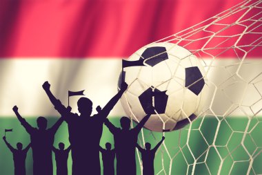 Macaristan bayrağı ile siluetleri futbol fanlar. Tezahürat kavramı v