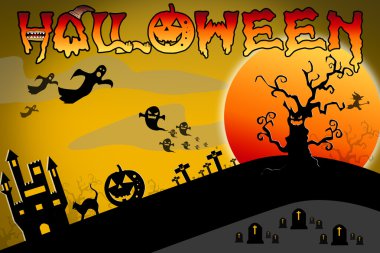 Cadılar Bayramı tasarım arka plan korkunç mezarlık, çıplak ağaçlar ile, 