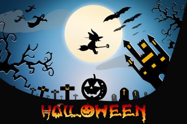 Cadılar Bayramı tasarım arka plan korkunç mezarlık, çıplak ağaçlar ile, 