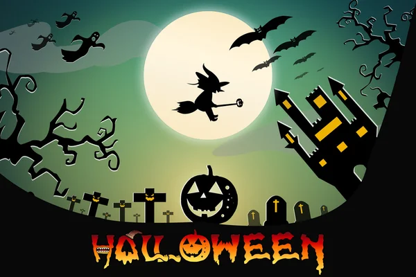 Halloween ontwerp achtergrond met spookachtige kerkhof, naakte bomen, — Stockfoto