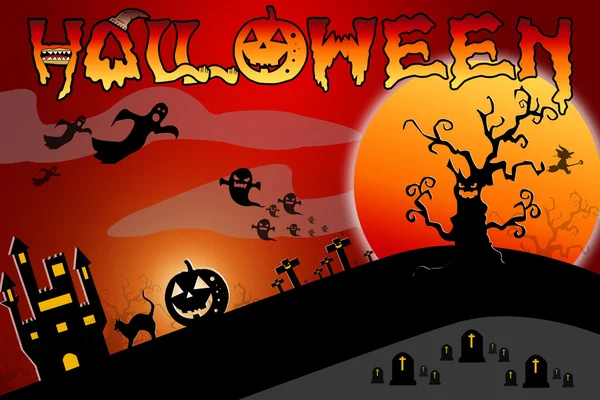 Halloween design background with spooky graveyard, naked trees,