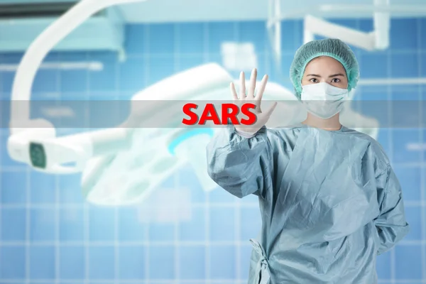 scientist in safety suit warn with word SARS