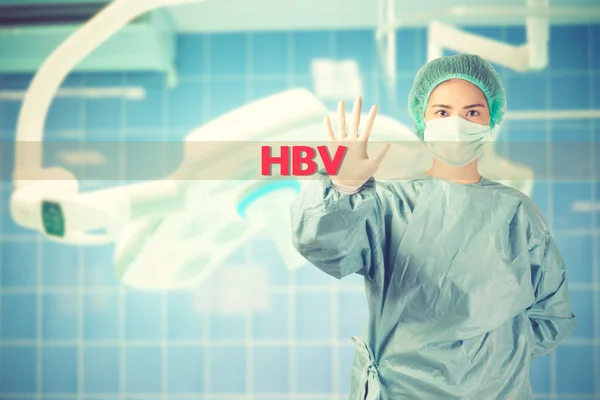 scientist in safety suit warn with word HBV vintage color