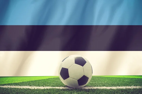 足球球和爱沙尼亚国旗躺在绿色的草地上 — 图库照片