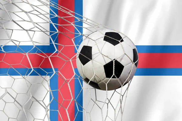 Bandera de las Islas Feroe y pelota de fútbol, fútbol en la red de goles —  Fotos de Stock