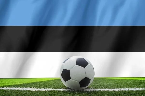 Balón de fútbol y bandera nacional de Estonia se encuentra en la hierba verde —  Fotos de Stock
