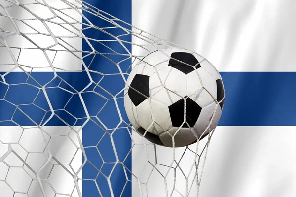 Bandera de Finlandia y pelota de fútbol, fútbol en la red de goles —  Fotos de Stock