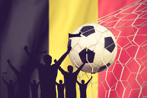 축구 팬 들의 Belgium.Cheer 개념의 국기와 실루엣 — 스톡 사진