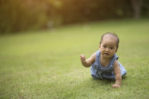 Schattige baby kruipen in het gras — Stockfoto