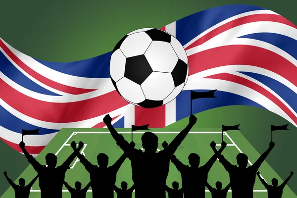 Silhuetas de fãs de futebol e bandeira do Reino Unido. Primeiro-ministro — Fotografia de Stock