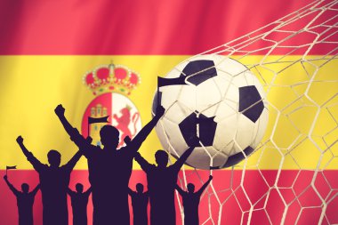 İspanya bayrağı ile siluetleri futbol fanlar. Kavram vin tezahürat