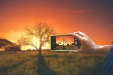 Yetişkin adam smartphone ile fotoğraf çekimi. Natu açık atış