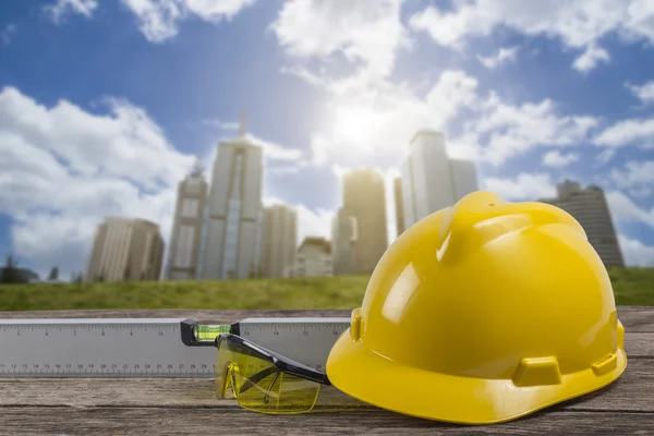 Engineer working table plan and blueprint at building constructi — Stock Photo, Image