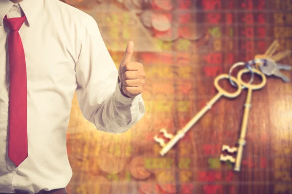 Man giving thumbs up on business background.success concept.Vint — Stock Photo, Image