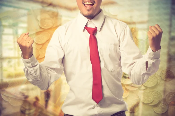 A young successful man, male executive businessman arms raised c — Stock Photo, Image