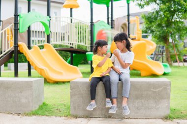 İki çocuk oyun bahçesinde lolipop yiyip oynuyorlar.