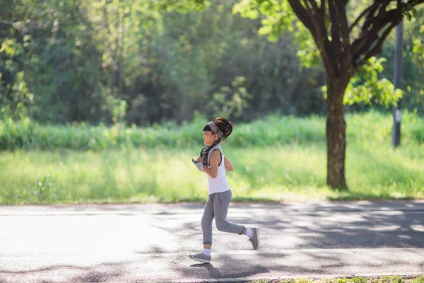 Happy Child Girl Running Park Summer Nature Warm Sunlight Flare — Stock Photo, Image