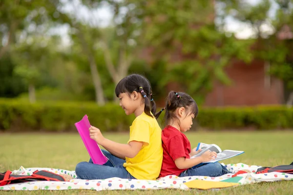 Little Girl Sister Reading Book Together Park Adorable Asian Kids — Zdjęcie stockowe