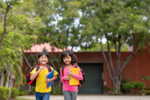 Back School Two Cute Asian Child Girls School Bag Holding — Zdjęcie stockowe