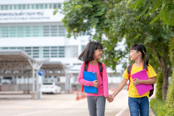 Back School Two Cute Asian Child Girls School Bag Holding — Zdjęcie stockowe