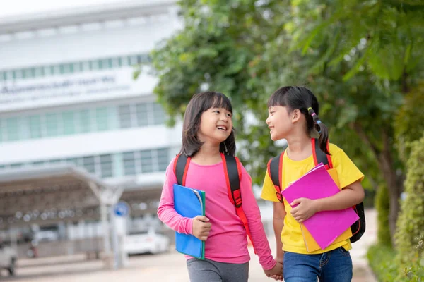 Back School Two Cute Asian Child Girls School Bag Holding — Zdjęcie stockowe