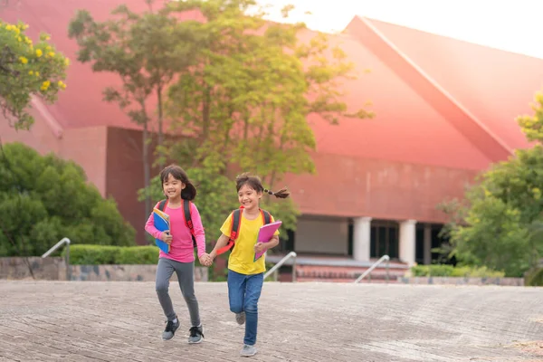 Back School Two Cute Asian Child Girls School Bag Holding — Zdjęcie stockowe