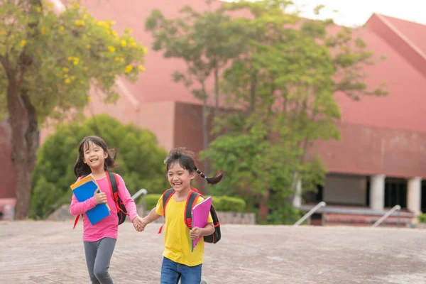 Back School Two Cute Asian Child Girls School Bag Holding — Zdjęcie stockowe
