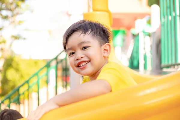 Child Playing Outdoor Playground Kids Play School Kindergarten Yard Active — Zdjęcie stockowe