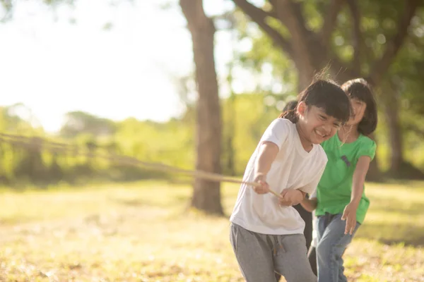 Children Playing Tug War Park Sunsut — Fotografia de Stock