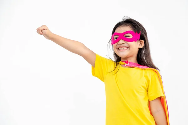 Funny Little Girl Playing Power Super Hero White Background Superhero — Stock Photo, Image