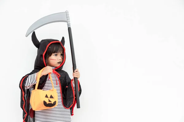 Children Girl Wearing Mysterious Halloween Dress Holding Scary Pumpkin Sickle — Stock Photo, Image