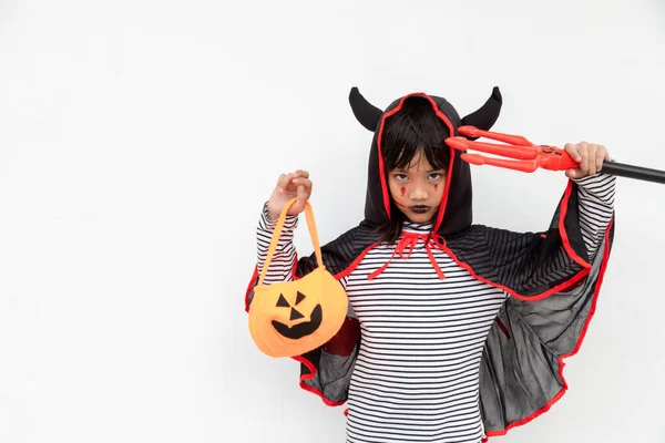 Asian Child Girl Demon Costume Holding Black Red Trident Happy — Stock Photo, Image