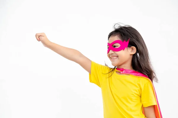 Funny Little Girl Playing Power Super Hero White Background Superhero — Stock Photo, Image