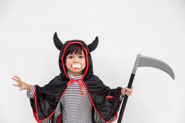 Children Girl Wearing Mysterious Halloween Dress Holding Sickle White Background — Stock Photo, Image