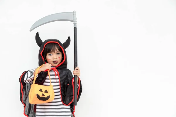 Children Girl Wearing Mysterious Halloween Dress Holding Scary Pumpkin Sickle — Stock Photo, Image