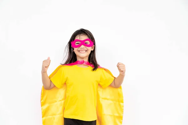 Niña Jugando Superhéroe Niño Fondo Blanco Concepto Poder Chica — Foto de Stock