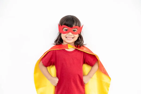 Kleines Mädchen Spielt Superheldin Kind Auf Weißem Hintergrund Girl Power — Stockfoto
