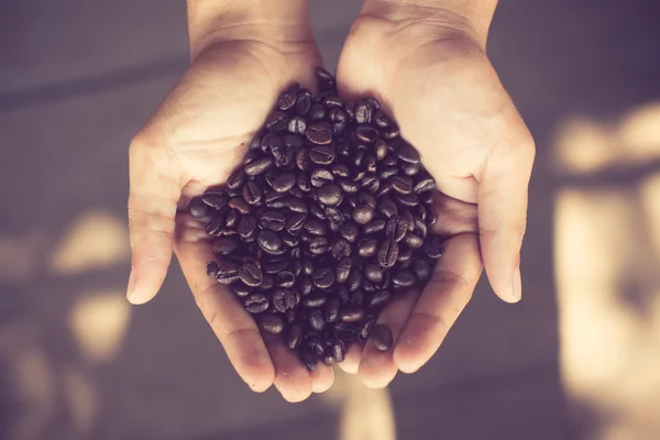 Coffee beans in hands vintage color — Stock Photo, Image