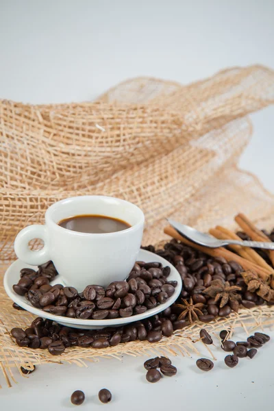 Tasse de café et haricots sur un fond blanc. — Photo