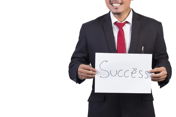 ビジネスマンは、サインを保持します。成功の克服課題と挑戦 — ストック写真