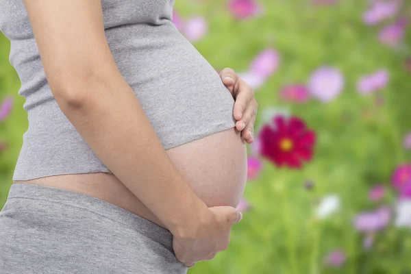 Närbild på magen av gravid kvinna. om blommor park — Stockfoto