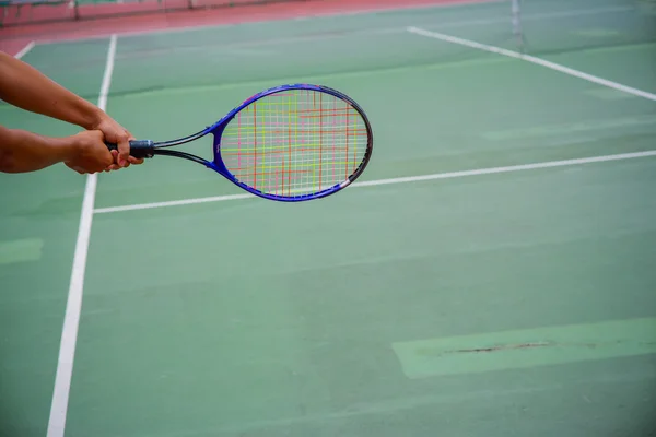 Tennis racket and balls on the tennis court — Stock Photo, Image