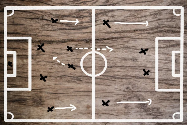 Planning team strategy on a wood drawing of a soccer playing fie — Stock Photo, Image