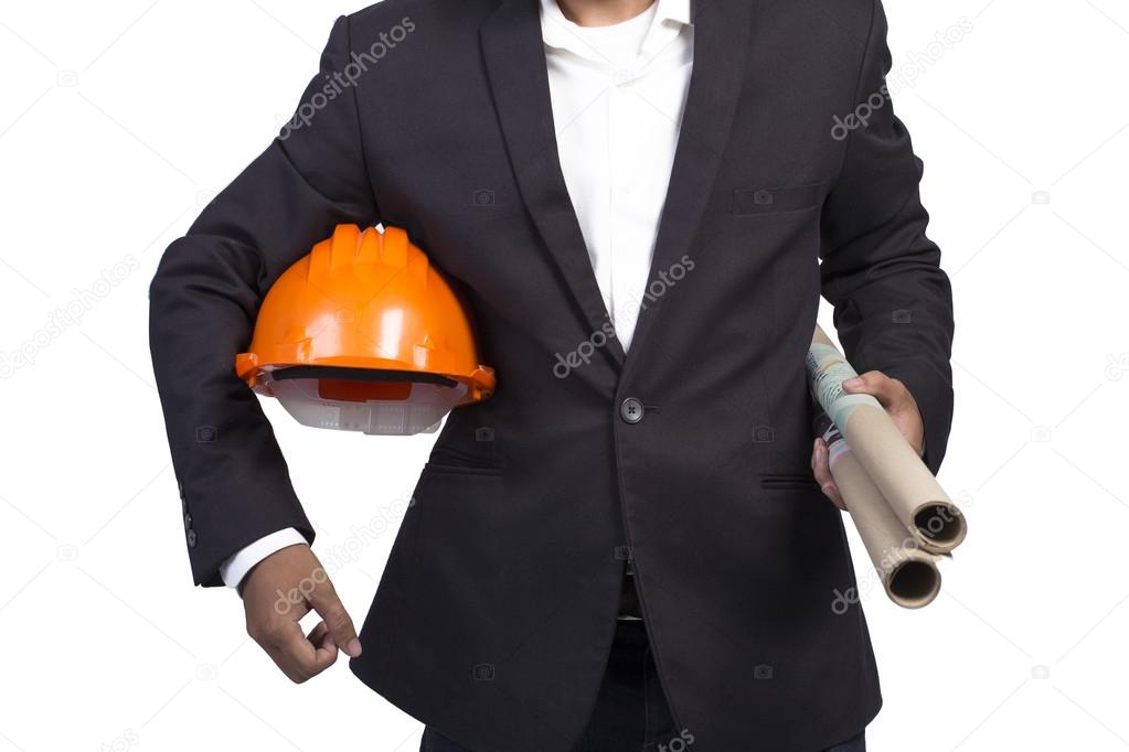 Engineer With orange Helmet and Blueprint on white background