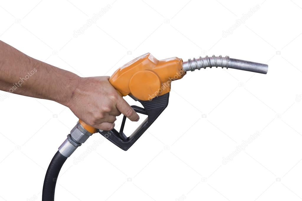 Holding a fuel nozzle against white background